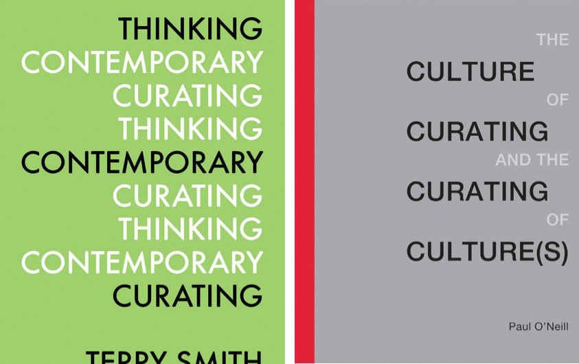左侧：特里•史密斯《思考当代策展》(Thinking contemporary curating)的封面（Independent Curators International, 2012）;右侧：保罗•奥尼尔《策展的文化与文化的策展》(The Culture of Curating and the Curating of Culture[s])的封面（MIT Press，2012）.