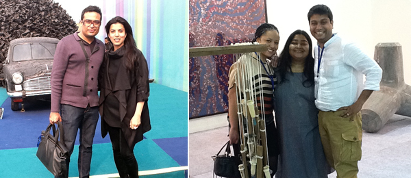 左：艺术家Jitish Kallat 和Reena Saini Kallat。右：Jack Shainman 画廊的Joeonna Bellorado-Samuels ，Gallery SKE的Sunitha Kumar Emmart, Experimenter Gallery的Prateek Raja。