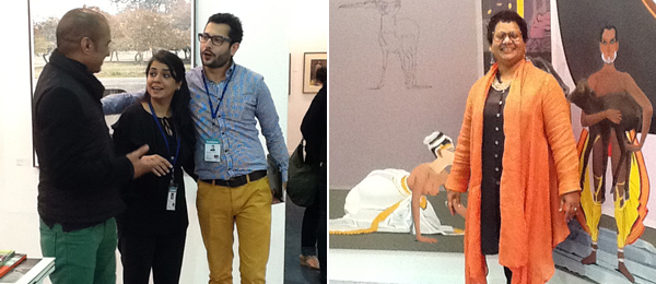 左：艺术家 Rashid Rana，经纪人 Tara Lal，Chatterjee &amp; Lal的Mort Chatterjee . 右：Sakshi Gallery的Usha Gawde。
