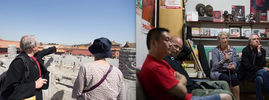 左：朗西埃夫妇在故宫；右：北京皮村负责人孙恒，哲学家陆兴华和朗西埃夫妇