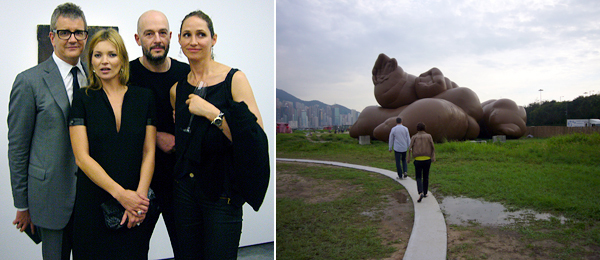 左：画廊家Jay Jopling, 名模凯特•莫斯, 艺术家杰克•查普曼, 以及Rosemary Ferguson；右: 保罗 麦卡锡的《复杂物堆》。 