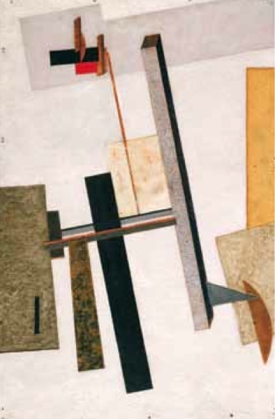 埃尔•利西斯基，《Proun 2C》，约1920年，胶合板上油彩、纸和金属锡箔纸，231⁄2 x153⁄4"，选自《Proun》系列，1919—27年。
