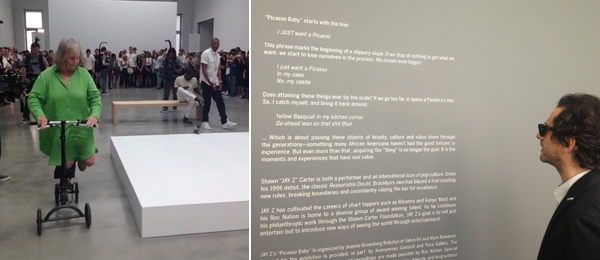 左：MoMA PS1创办人Alanna Heiss和艺术家Sanford Biggers 以及Jay-Z；右：佩斯画廊墙上关于“毕加索宝贝”的文字。