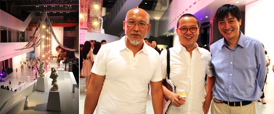 左：展览现场；右：艺术家张恩利，杨千以及画廊家冷林.