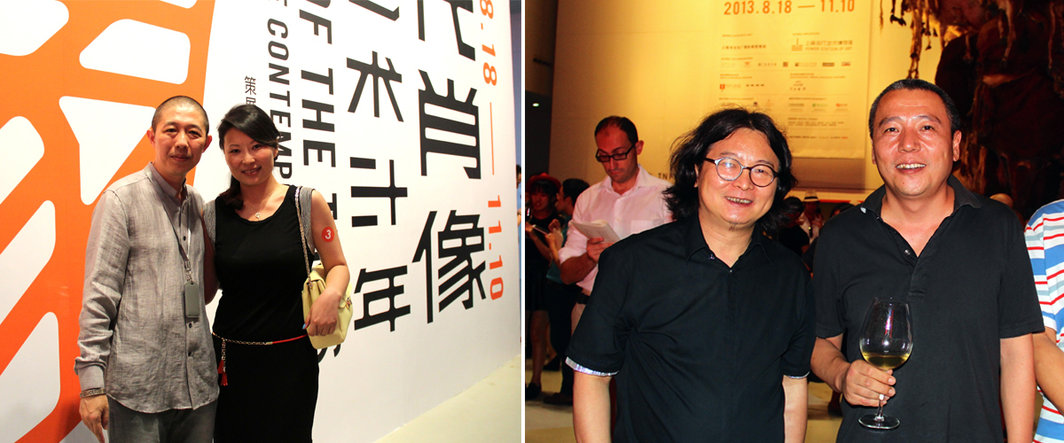 左：上海当代艺术馆副馆长李旭与杨洪；右：艺术家丁乙与薛松.