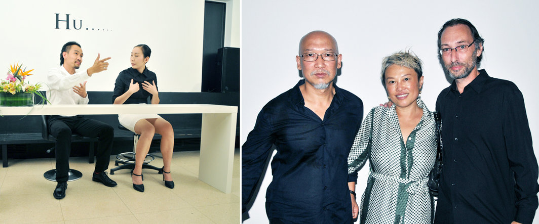 左：艺术家胡向前表演现场；右：左：艺术家张恩利，时尚设计师韩枫，香格纳画廊画廊主Lorenz Helbling.