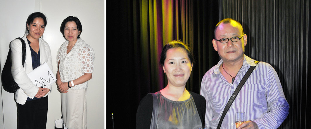 左：策展人Clara Kim与策展人长谷川祐子；右：东画廊的程曦行与艺术家赵学兵.