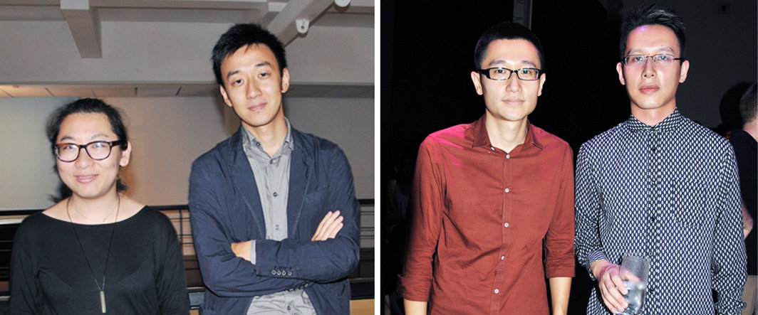 左：Rěn Space总监孙谨与南京四方美术馆馆长陆寻；右：艺术家胡昀与艾可画廊经理王欢.