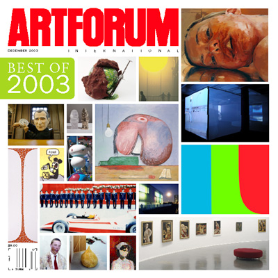 封面, 从左右方旋转开始: 珍妮·萨维尔（Jenny Saville）, 《逆转》, 2002–2003, 布面油画, 84 x 96寸。 道格·阿提肯（Doug Aitken）, 《内饰》, 2002。 装置现场, 面料工作坊美术馆, 费城, 2003。 照片: 艾伦·依格勒（Aaron Igler）。 艾斯沃斯•凯利(Ellsworth Kelly), 《蓝绿红 之一》，1964–65, 布面油画, 9 x 10尺 x 2寸。 弗朗西斯·皮卡比亚 (Francis Picabia)” 展览现场，巴黎现代艺术博物馆，巴黎，2003。照片：安德烈·莫兰（André Morin）。理查德·普林斯（Richard Prince）, 《护士的宿舍》（局部）, 2002, 喷墨打印和布面丙烯，58 x 36寸。 丽莎·拉宾斯基 （Lisa Lapinski） 和 凯瑟琳·沙利文（Catherine Sullivan）, 《演讲模特》, 2003。装置现场, Mezzanin画廊, 维也纳. 莱涅克·迪克斯特拉（Rineke Dijkstra）, 《Forte de Casa》, 2000年5月20日, 彩色照片, 49 5/8 x 42 1/8寸。约翰·特伦布莱（John Tremblay）, 《Helvetica》, 2002, 布面丙烯和油彩笔, 96 x 30寸。 保罗·麦卡锡（Paul McCarthy）, 《皮卡迪利广场》, 2003, 彩色录像截图。 达里奥·罗伯托（Dario Robleto）, 《我想开着我的小本田穿过宇宙》，2000–2001, 自制晶体、50,000年的陨石碎片、氨基酸粉末、披头士的 “穿过宇宙” 黑胶唱片、 古董金属和玻璃的注射器、铁锈、喷漆、石膏、聚酯树脂，54 x 18 x 18寸. 来自系列《流行的赞美诗会永远支持着我们（终结一切）》，2000–2001。奥拉维尔·埃利亚松(Olafur Eliasson), 《天气计划》, 2003. 装置现场, 泰特美术馆, 伦敦. 照片: Jens Ziehe. 菲利普·古斯顿（Philip Guston）, 《无题 (头)》, 1980, 纸上丙烯和墨, 20 x 30寸。赫爾佐格和德梅隆（Herzog &amp; de Meuron）, 拉班, 2003, 伦敦。 照片: 梅林·亨迪和马丁·罗斯（Merlin Hendy and Martyn Rose）。鲍里斯•米哈伊洛夫（Boris Mikhailov）,《无题》 , n.d., 彩色照片, 7 7/8 x 11 7/8寸. 来自 “红色,”系列 1968–75。克里斯·瓦尔（Chris Ware）, 图片来自 《昆比的房子》 (Fantagraphics 图书出版社, 2003)。雪丽•拉雯（Sherrie Levine）, 《前卫与庸俗》， 2002, 水晶翻模, 7 x 2 7/8 x 1 3/4寸; 青铜铸造, 7 1/2 x 2 1/2 x 2 3/8寸. 村上隆（Takashi Murakami）, 《Shitennoh (卫士）》, 2003。装置现场, 洛克菲勒中心, 纽约。照片: 汤姆•庖尔。