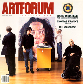 Chuck Close and Robert Storr during the installation of Close's retrospective at the Museum of Modern Art, New York, February 1998. Background: Chuck Close, Kiki, 1993, oil on canvas, 100 x 84 1/8&#8220;. Photo: Tina Barney. Inset: *Kenneth Noland, That, 1959, acrylic on canvas, 84 x 84&#8221;. From &#8220;The Green Mountain Boys.&#8221;