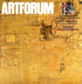 Robert Rauschenberg, Untitled (Gold Painting) [detail], 1953, gold leaf on fabric, newspaper, wood, paper, and glue on canvas, 19 ¾ x 19 ¾". Inset: Catherine David at the Documenta X press conference, June 19, 1997. Photo: Arno Declair.