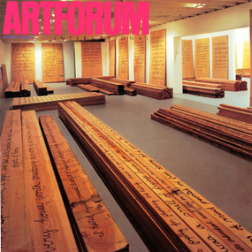 Kate Ericson and Mel Ziegler, House Monument, 1986. House Monument was a two-phase project. Initially, the artists inscribed each of the pieces of wood required to frame an average-size house with a historical or contemporary quotation on the idea of house or home, and set the lumber in an installation at the Los Angeles Institute of Contemporary Art. Later, Ericson and Ziegler placed an advertisement in the local newspaper, offering to sell the lumber at half price to a potential home-builder. A couple from Costa Mesa, California, responded. In the process of construction, exterior cladding and interior walls gradually covered the structural lumber, with its many citations; these “messages” remain, however, as a presence known, and perhaps felt, but no longer seen. Photo: James Franklin.
