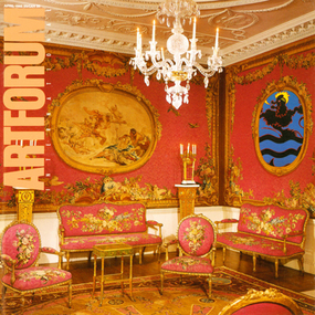 Artforum update, 1986, of Rococo room with Gobelins tapestries after designs by François Boucher and Maurice Jacques, executed in workshops of Jacques Neilson, 1764–71; ceiling designed by Robert Adam, and executed by Joseph Rose. Originally Lord Coventry's Tapestry Room at Croome Court, Worcester, England, the room was reinstalled in the Metropolitan Museum of Art, New York, in 1958. Here, the northwest corner is shown redecorated with a detail of General Idea's Le Fin, 1985, fluorescent acrylic on wood, 5' x 4' x 2”. For the proper version of the Metropolitan's reconstruction see p. 81 of “The Imagination in Sheep's Clothing.”