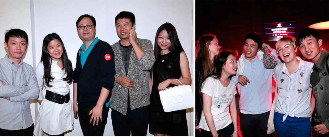 左： 艺术家徐渠，策展人蔡秉桥，《艺术界》资深编辑孙冬冬，艺术家何翔宇与多姆斯艺术收藏总监吴华；右：“黑屋子”参演演员.