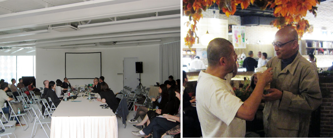 左：“解像力：一种行动影像”研讨会现场；右：艺术家张培力与戏剧导演牟森.