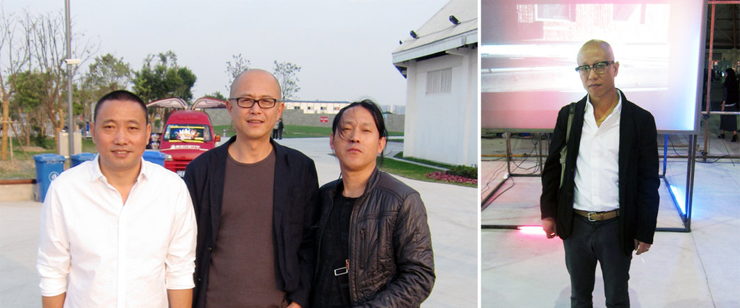 左：艺术家周啸虎，张慧与余极；右：艺术家刘韡.