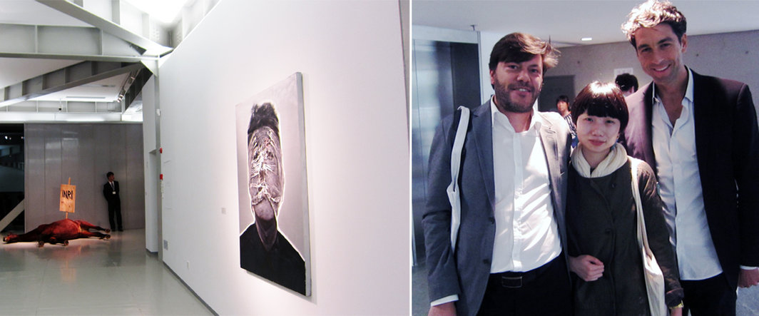 左：“歧异花园”展览现场；右：策展人菲利普·皮洛特（Philippe Pirotte），《ArtReview:Asia》主编林昱与策展人马修·柏利塞维兹（Mathieu Borysevicz）.