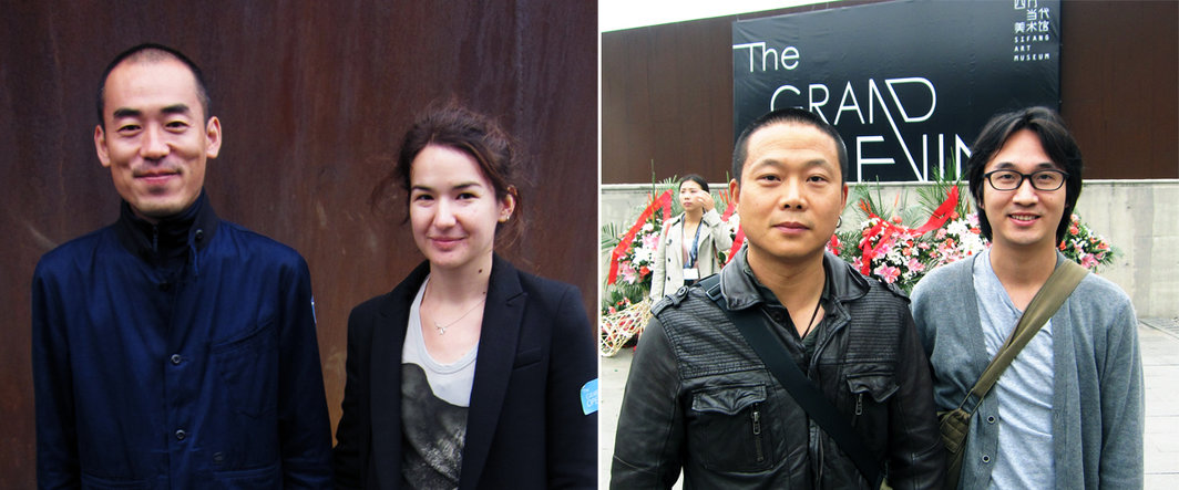 左：艺术家张鼎与没顶公司的关超群（Alexia Dehaene）；右：艺术家何岸与陆平原.