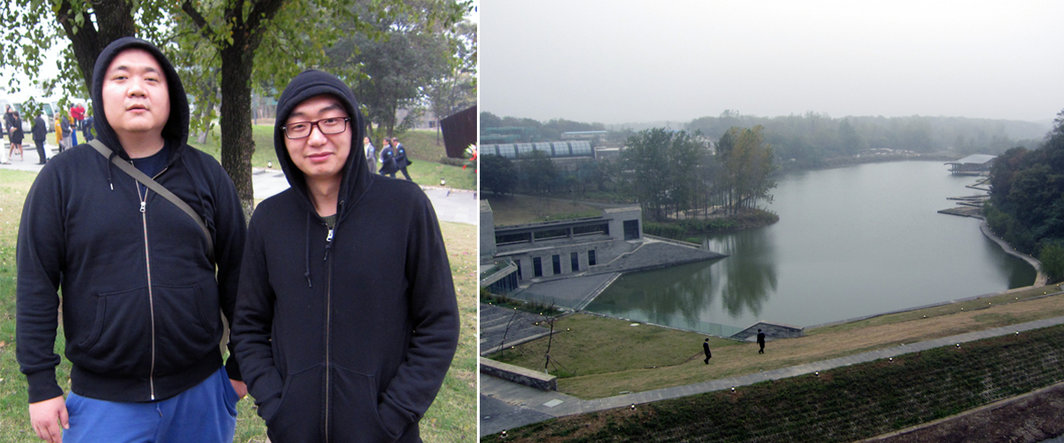 左：艺术家丁力与赵要；右：四方当代艺术湖区远景.
