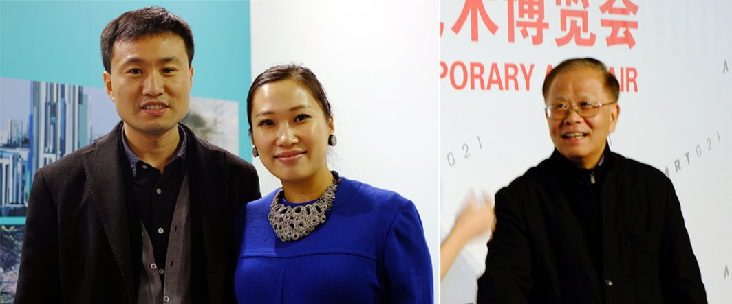 左：民生美术馆代理馆长李峰与收藏家陈韵凝；右：上海视觉艺术学院院长龚学平.