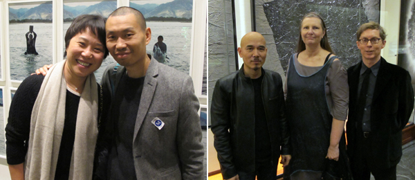 左：白立方（香港）的周晓雯和艺术家邱黯雄；右：艺术家杨诘苍，策展人林似竹(Britta Erickson) 与Christopher Phillips.