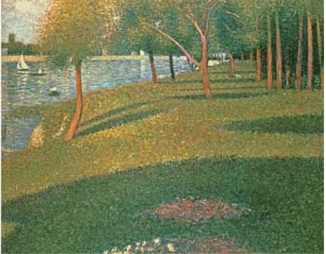 乔治・修拉，《风景画，大碗岛》，1884，布面油画，25 3/4 x 32". 法国独立艺术家协会冬季展，1884年12月-1885年1月.