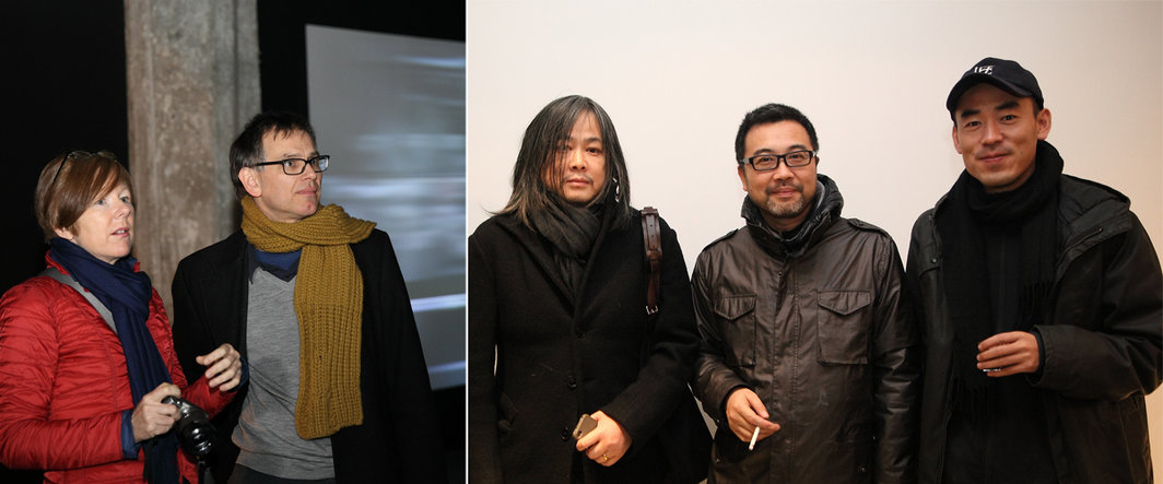 左：OCT当代艺术中心西安馆馆长凯伦·史密斯与策展人Marko Daniel；右：艺术家杨福东，杨振中以及张鼎.