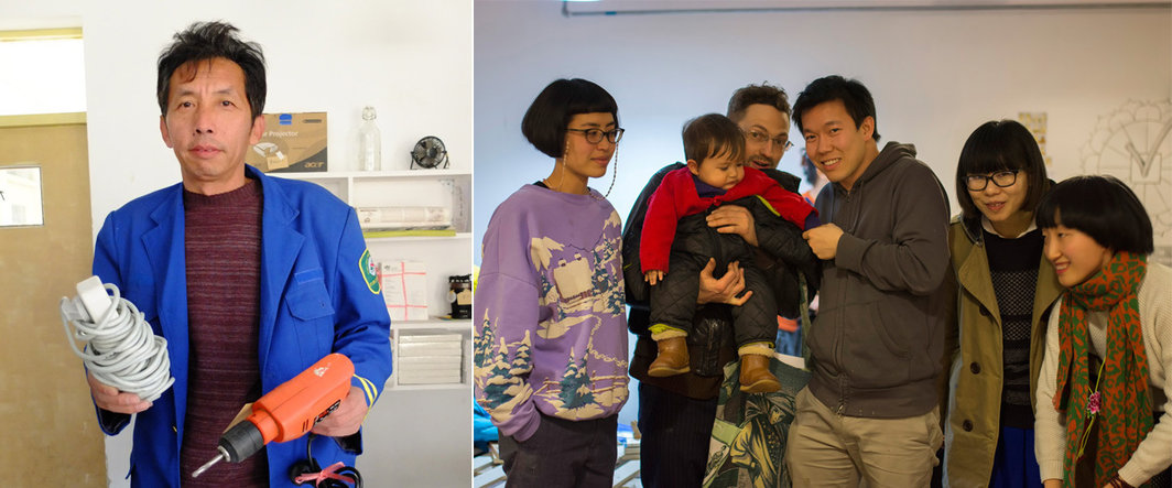 左：公交司机宋师傅；右：农民艺术家与家作坊组织者植村绘美（Emi Uemura），艺术家马艾迪（Michael Eddy）以及他们的儿子马铃薯 （Lowell），电影导演／制作人刘碧伟（Art Pathavee），艺术家张小船，家作坊 DUSTbar主人王尘尘.