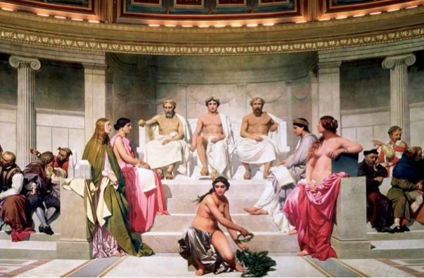 保罗·德拉罗什，半圆壁画（局部），1841–42，湿壁画，12' 9&#8220; x 81' 117⁄8&#8221;.