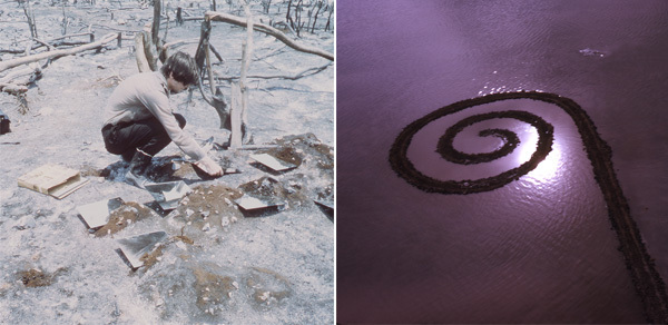 左：罗伯特•史密森在尤卡坦，1969。摄影：弗吉尼亚•杜文。右：罗伯特•史密森，《螺旋藻》，1970。摄影：弗吉尼亚•杜文。