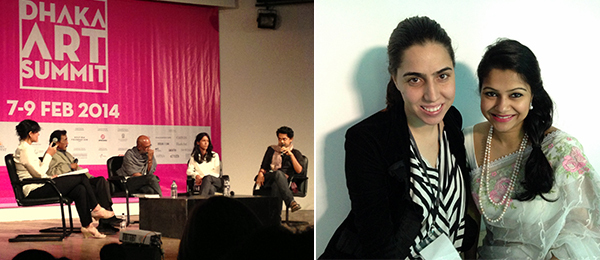 左：达卡艺术峰会专题讨论现场；右：策展人Diana Campbell Betancourt和Samdani艺术基金会总监Nadia Samdani.（全文摄影：Zeenat Nagree）