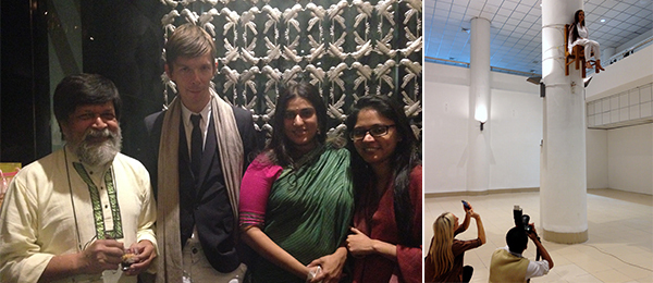 左：摄影师Shahidul Alam，第十四届卡塞尔文献展艺术总监Adam Szymczyk，CAMP的Shaina Anand和艺术家Shilpa Gupta；右：艺术家Yasmin Jahan Nupur行为表演现场.