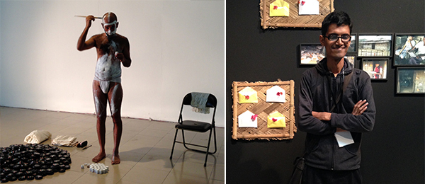 左：Nikhil Chopra行为表演现场；右：艺术家Palash Bhattacharjee.