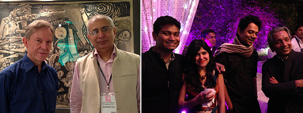 左：大英博物馆的Richard Blurton和画商Kishore Singh；右：画商Prateek Raja，策展人Natasha Ginwala，艺术家Naeem Mohaiemen和策展人Deepak Ananth.