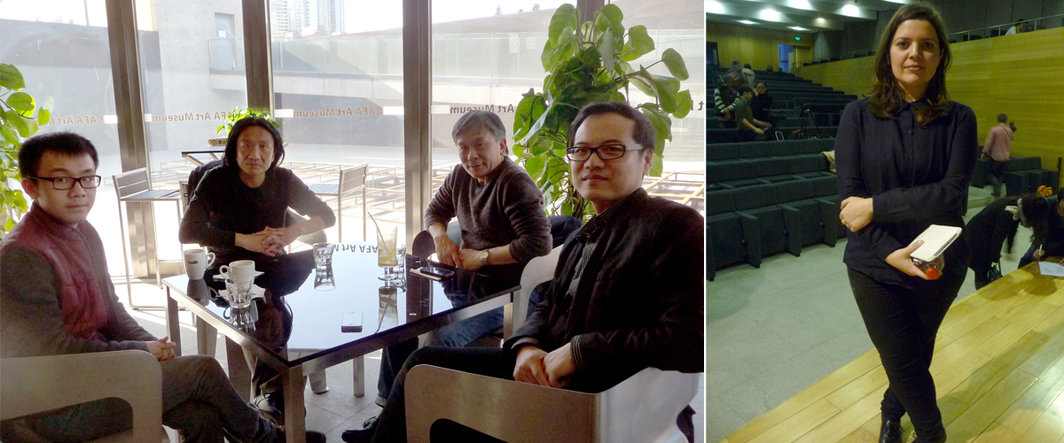 左：艺术家苏新平与杨劲松，中央美术学院美术馆学术部主任王春辰及友人；右：策展人维罗妮卡·瓦伦蒂尼（Veronica Valentini）.