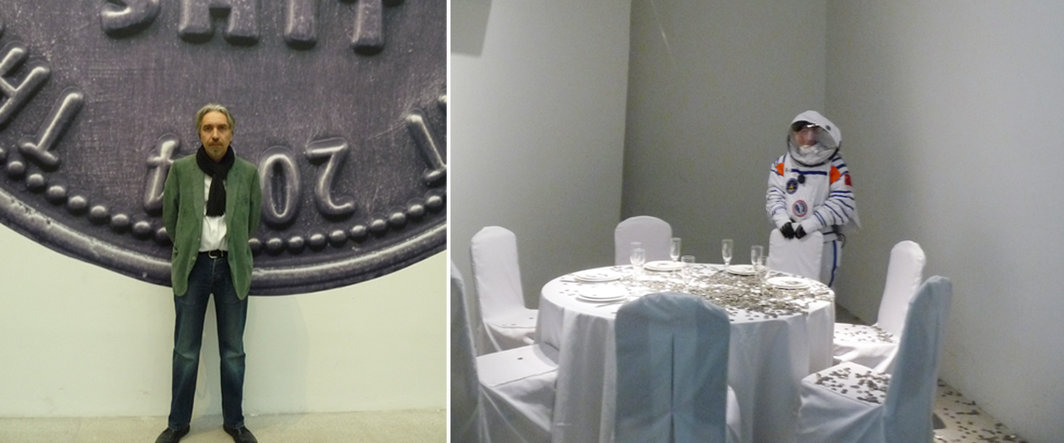 左：艺术家瓦迪姆·扎哈罗夫（Vadim Zakharov）；右：瓦迪姆·扎哈罗夫作品现场.