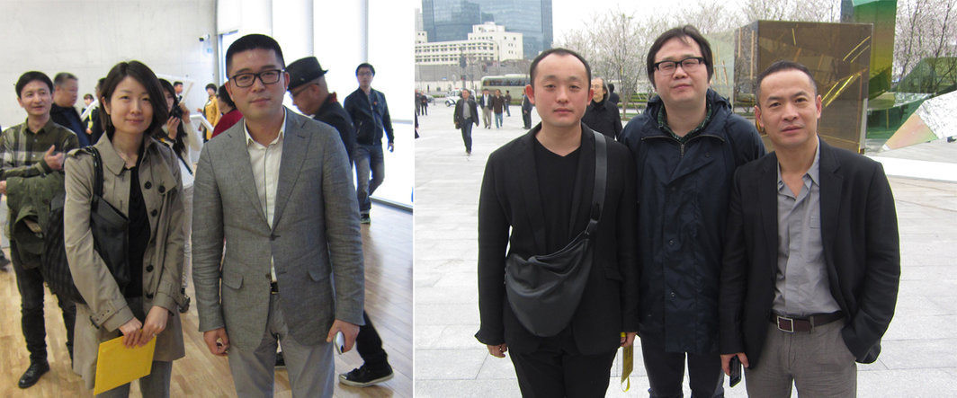 左：蜂巢当代艺术中心执行馆长佟卷卷与馆长夏季风；右：艺术家王郁洋，《艺术界》资深编辑孙冬冬与策展人张尕.