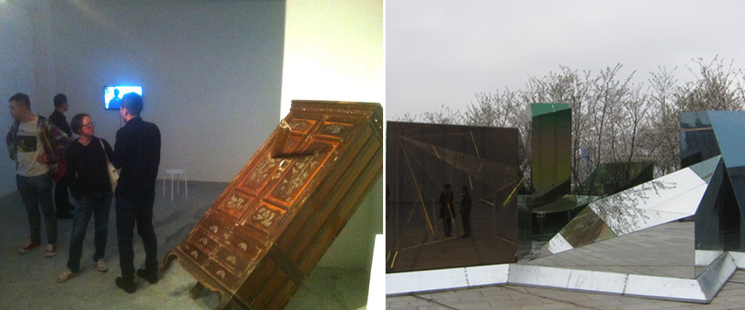 左：艺术家蔡回“债主之梦”展览现场；右：刘韡装置《透明》现场.