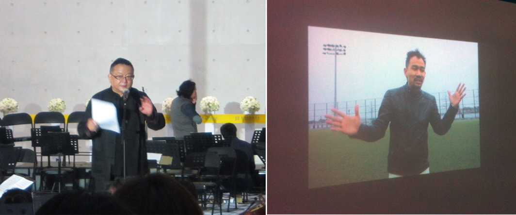 左：王刚主持“开今·借古”开幕仪式；右：艺术家胡向前在视频中介绍观察社.