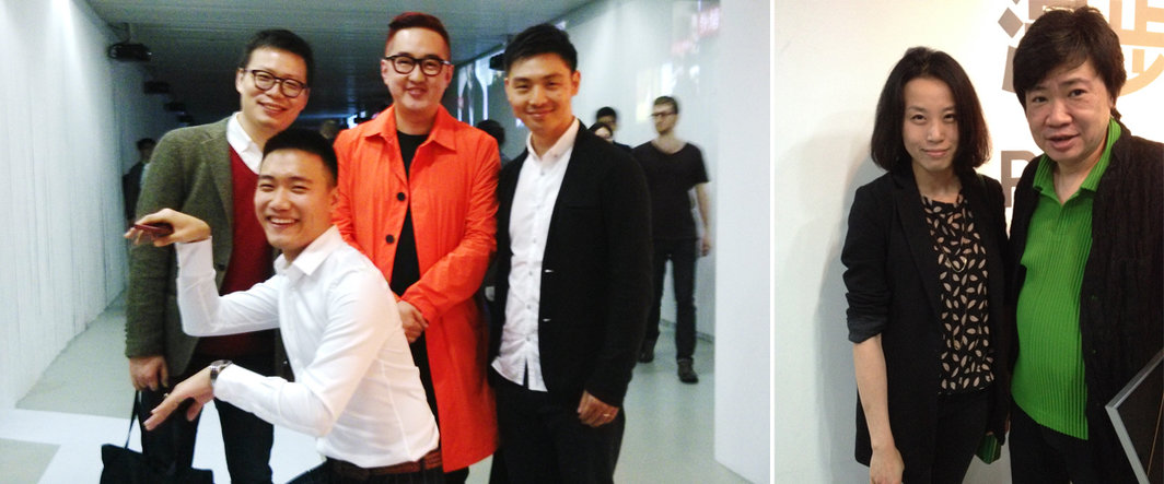 左： Leo Xu Projects负责人许宇，2012年CCAA最佳年轻艺术家鄢醒，ART021创办人包一峰与《芭莎艺术》执行主编孙国胜（摄影：窦子） ；右：凤凰卫视文化发展有限公司艺术副总监周冰心与2008年CCAA最佳艺术家周铁海.