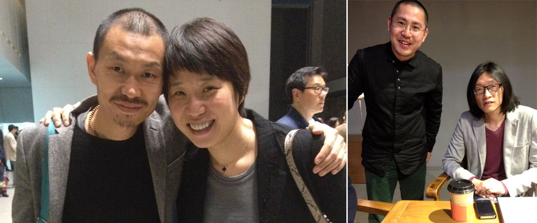 左：艺术家邱黯雄与香港白立方画廊总监周晓雯；右：艺术家倪有鱼与2011年CCAA艺术评论奖获得者朱朱.