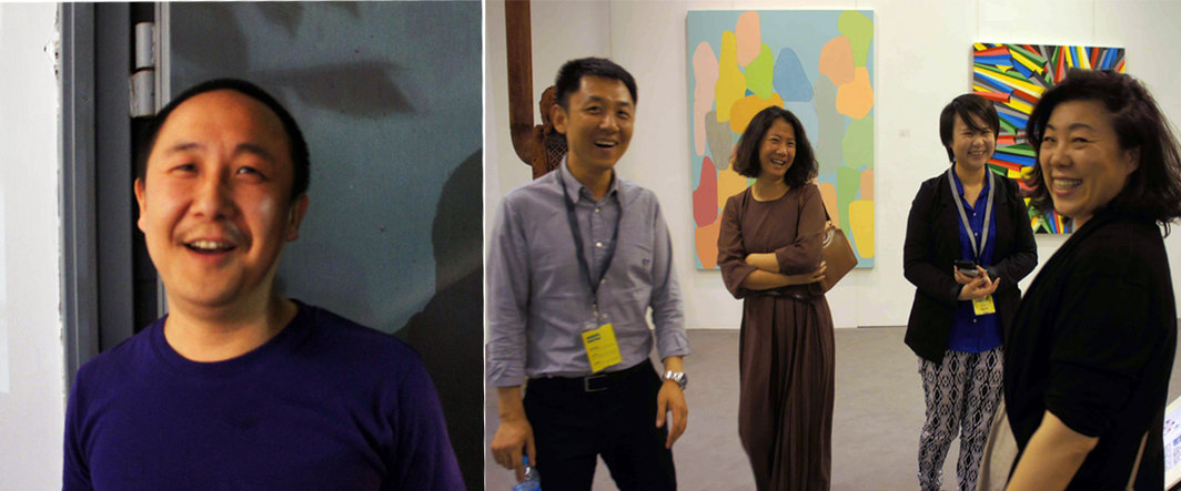左：艺术家颜峻；右：星空间的孟玥辰(左3）、崔杰（右1）与负责人房方（左1），以及泰康空间的负责人唐昕（左2）.