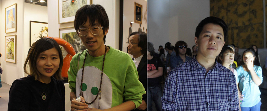 左：《艺术界》编辑赵梦莎和艺术家陈天灼；右：魔金石空间策展人Billy Tang.