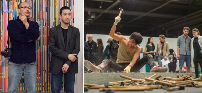 左：参展艺术家王卫，参展艺术家秦思源；右：参展艺术家厉槟源行为现场. 摄影：Camilla Lobo