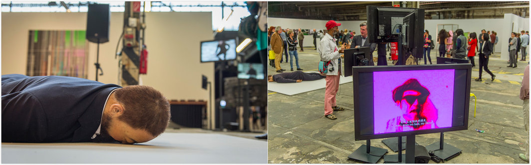 左：何翔宇《马拉之死》（2012）展览现场；右：李然《重新做人》（2012）展览现场. 摄影：Camilla Lobo