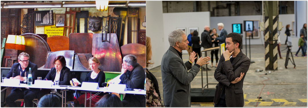 左：博而励画廊主Waling Boers, 策展人郭晓彦, 艺术家Bignia Wehrli及策展人Andreas Schmid，摄影：Meta Marina Beeck; 右：艺术家秦思源及其友人，摄影：KOWA-Berlin