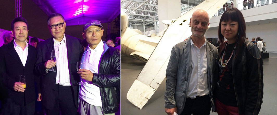 左：艺术家王晋，艺术史家、策展人巫鸿与艺术家张洹；右：收藏家乌利•希克（Uli Sigg）与艺术家彭禹.