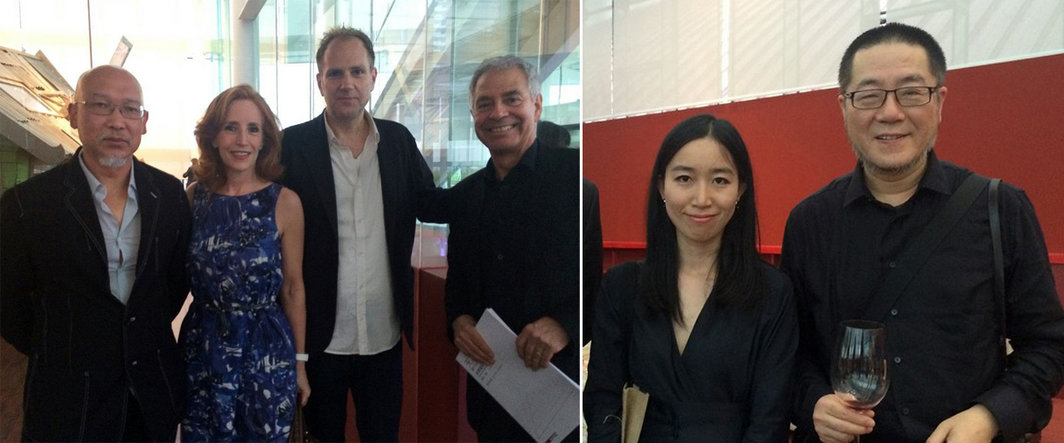 左：艺术家张恩利，DSL收藏的多米尼克·勒维（Dominique Lévy），柏林Auguststrasse画廊主迈克尔·富克斯（Michael Fuchs），DSL收藏的西尔万·勒维(Sylvain Levy)；右：余德耀美术馆的魏颖与中央美术学院美术馆馆长王璜生.