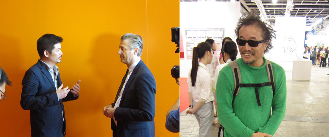 左：M+设计策展人陈伯康（Aric Chen）与杰罗姆•桑斯（Jérôme Sans）；右：艺术家吴山专.