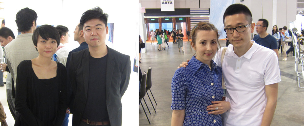左：黎清妍（Firenze Lai）与亚洲艺术文献库的研究员翁子健（Anthony Yung）；右：策展人比利安娜 （Biljana Ciric）与艺术家胡昀.